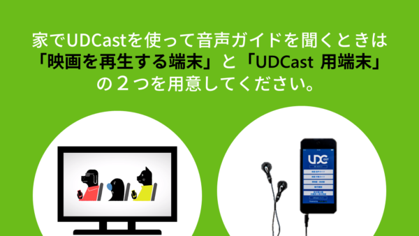 家でUDCastを使って音声ガイドを聞くときは「映画を再生する端末」と「UDCast用端末」の２つを用意してください。